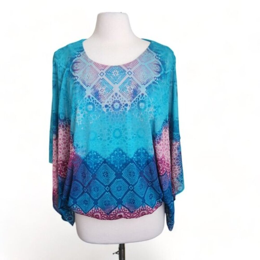 Chico's Blouse Sz 2 Large 12 Majestic Wash Mesh Top Short Sleeve Blue Exotic